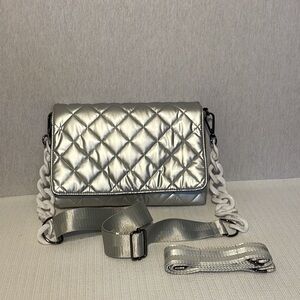 Haute Shore, quilted, crossbody silver bag, w/ extra strap